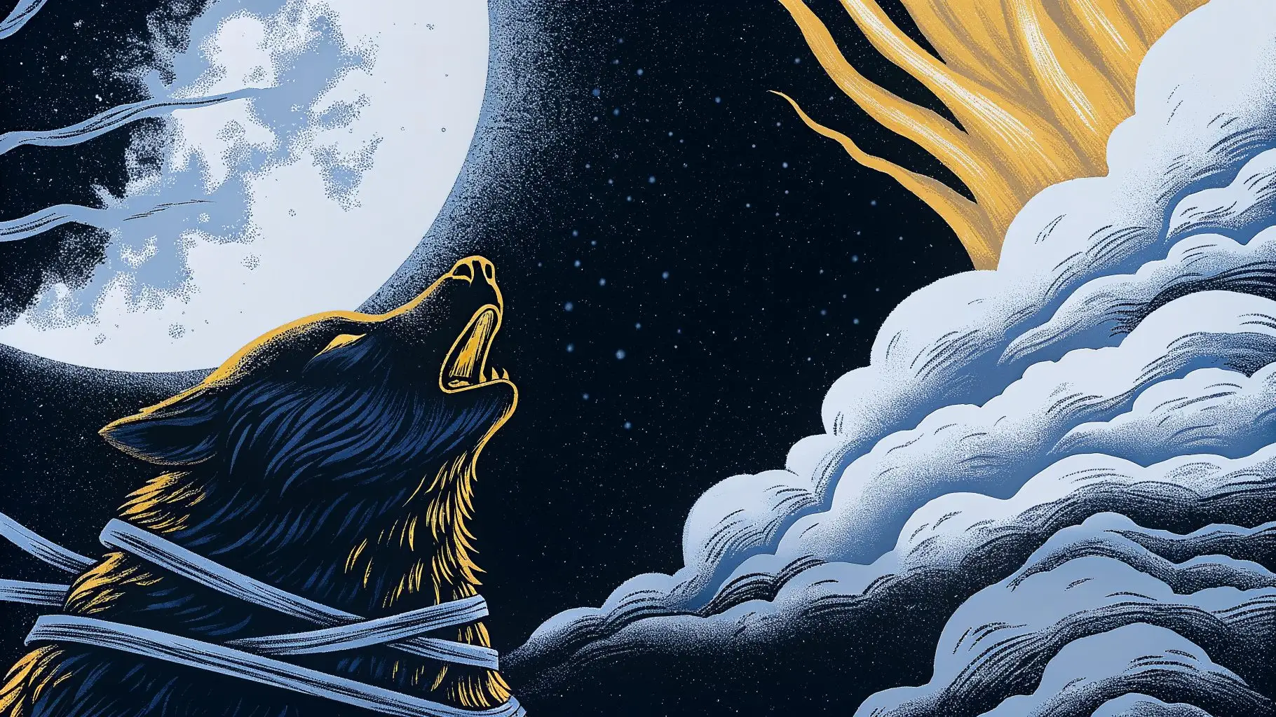 Le loup Fenrir, entravé, hurlant sous la lune