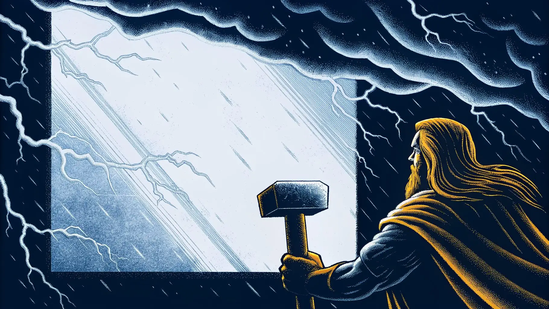 Thor brandissant son marteau dans l’orage, gravure bleue et or