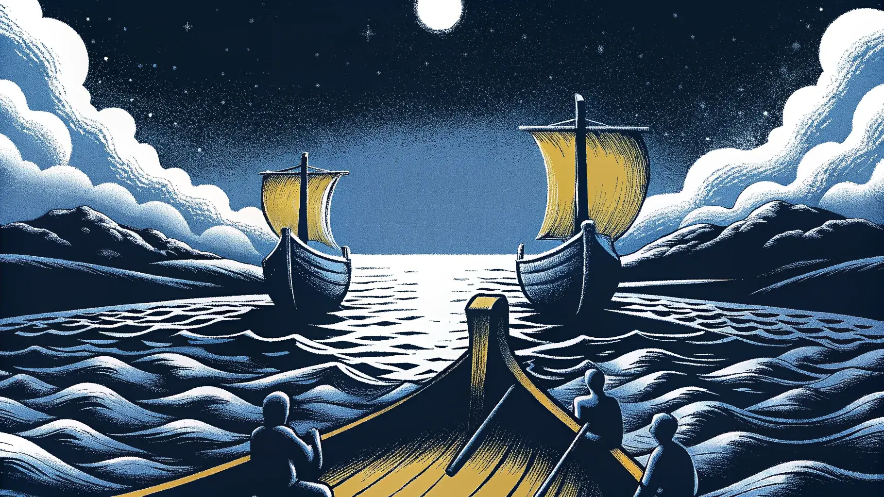 Des navires vikings voguant sur une mer calme sous la lune, gravure bleue et or