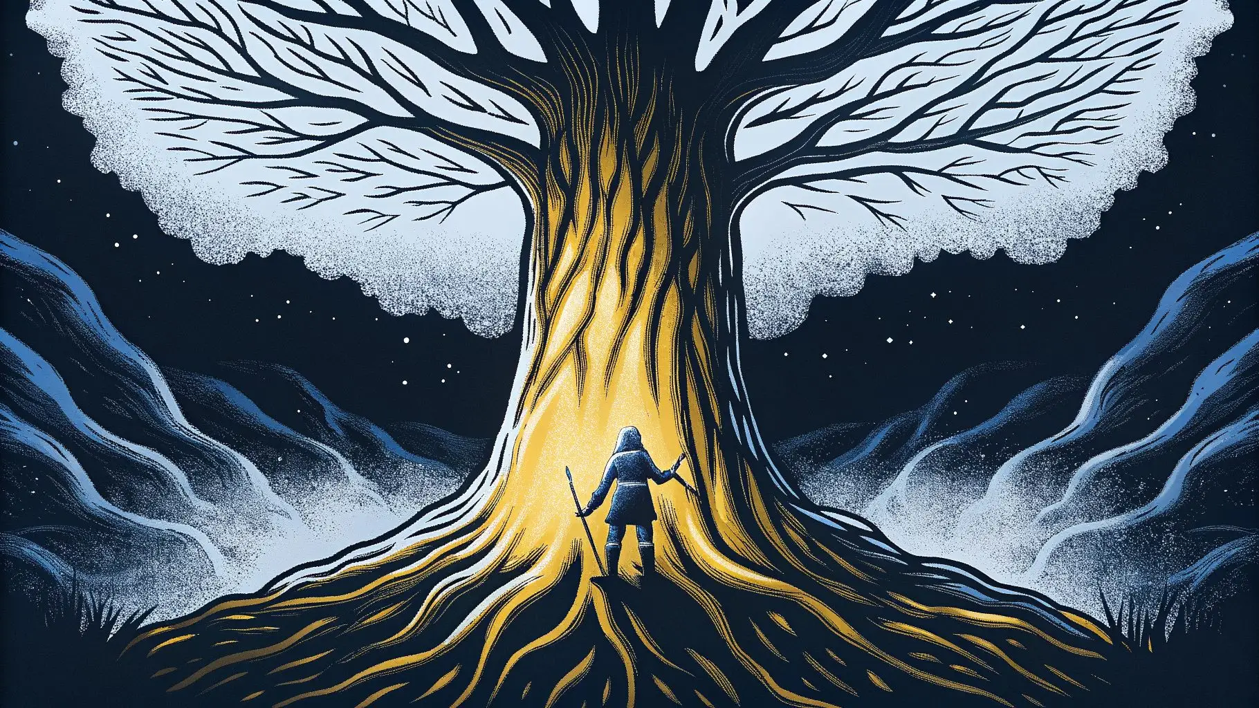 L’arbre Yggdrasil sous les étoiles, un voyageur au pied de son tronc doré