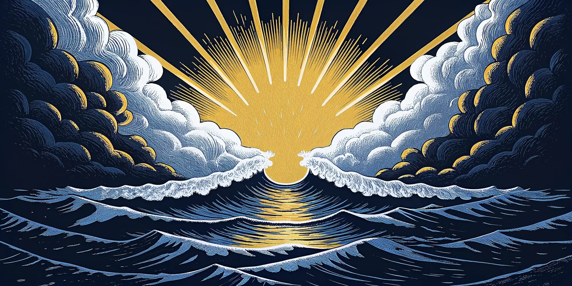 Un soleil d’or qui se lève sur une mer déchaînée