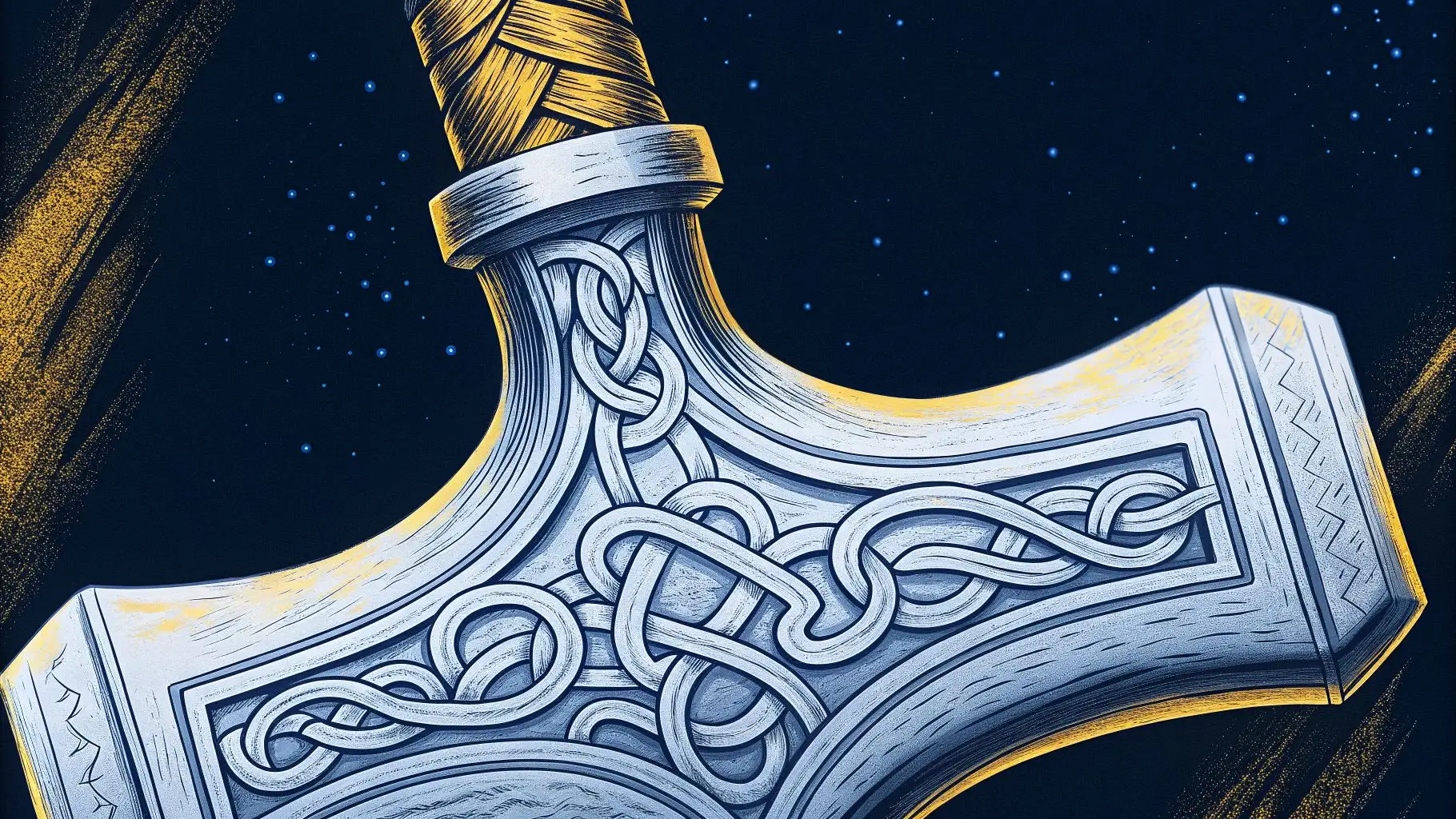 Un pendentif en forme de marteau de Thor gravé d’entrelacs, sous les étoiles